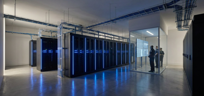 En modern, säker serverhall med avancerad nätverksutrustning, symboliserande robust svensk cybersäkerhet.
