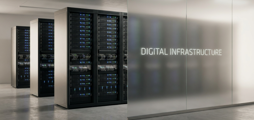 Ett modernt datacenter med rader av serverrack och upplysta kablar, symboliserar digital infrastruktur och IT-säkerhet.