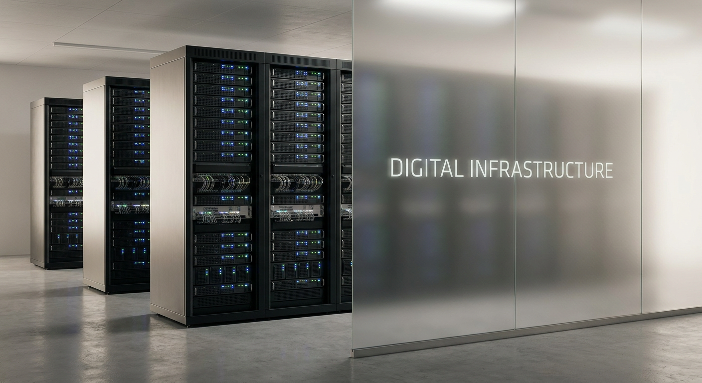 Ett modernt datacenter med rader av serverrack och upplysta kablar, symboliserar digital infrastruktur och IT-säkerhet.