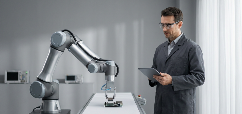 Robotarm monterar komponenter på löpande band, med en tekniker som övervakar